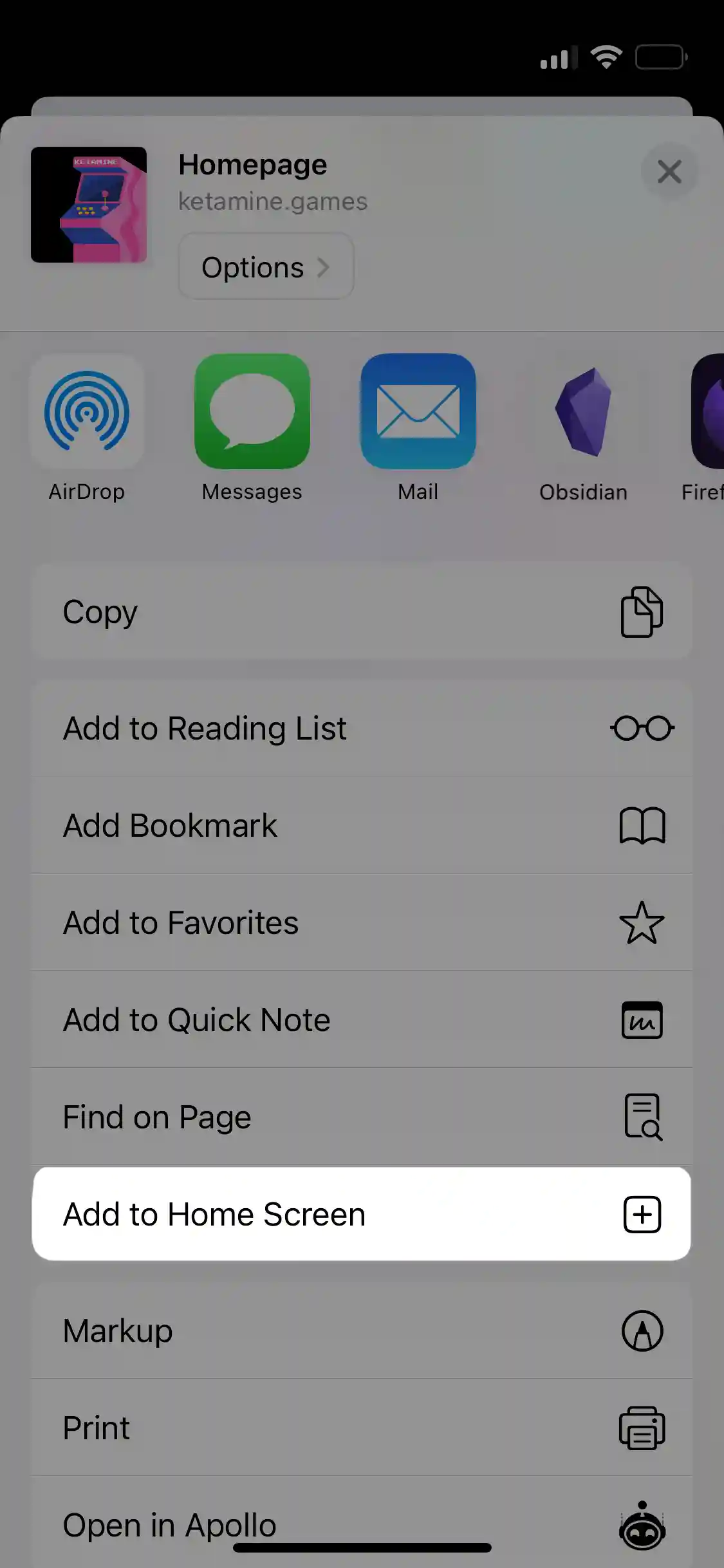 screenshot of add to home screen